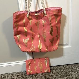 Pink and gold cactus tote bag and matching accessory bag